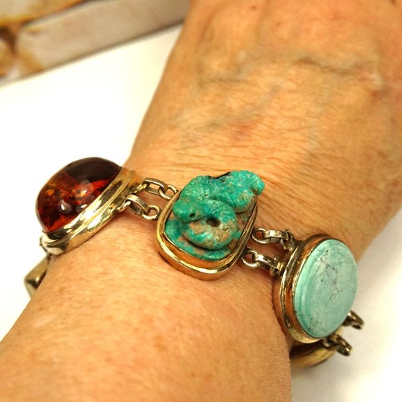 MULTI GEM HEAVY LINK BRACELET WITH TURQUOISE SNAKE, Very rare to find - Picture 7 of 11